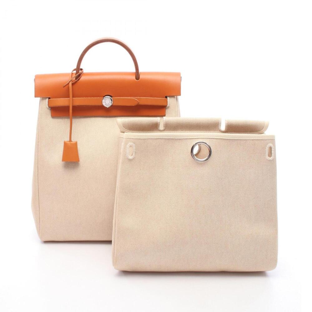 Hermes Herbag Ad PM Backpack Handbag Canvas Leather Toile H Vache Hunter Wome...